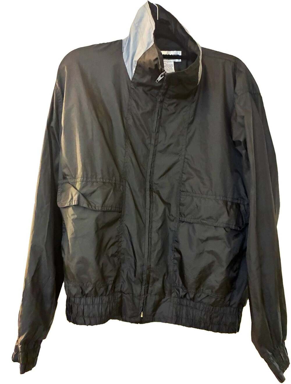 Vtg 90s Haband Windbreaker Jacket Mens L Black Grey Collar Utility Flap Full Zip
